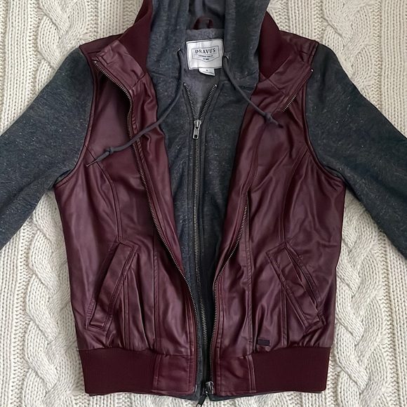 Dravus Faux Leather Vest + Hoodie Layered Jacket - Burgundy & Dark Grey - Picture 4 of 9